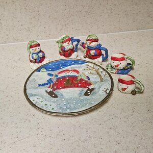 Vintage 90s Miniature Resin Tea Set - Winter Snowman